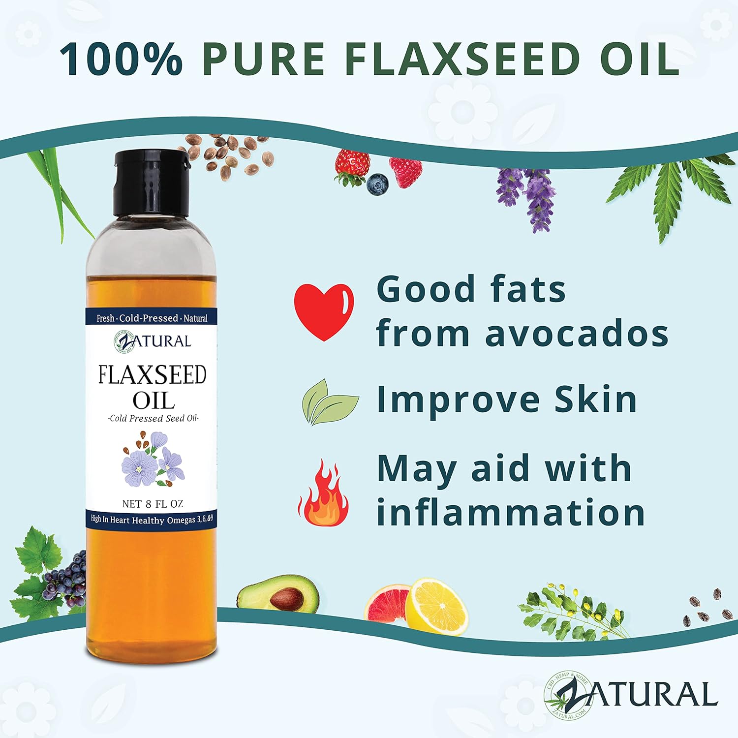 Zatural Flaxseed Oil Organically Grown 100% Pure Flax Seeds Cold Pressed Vegan Omega Fatty Acids 16oz