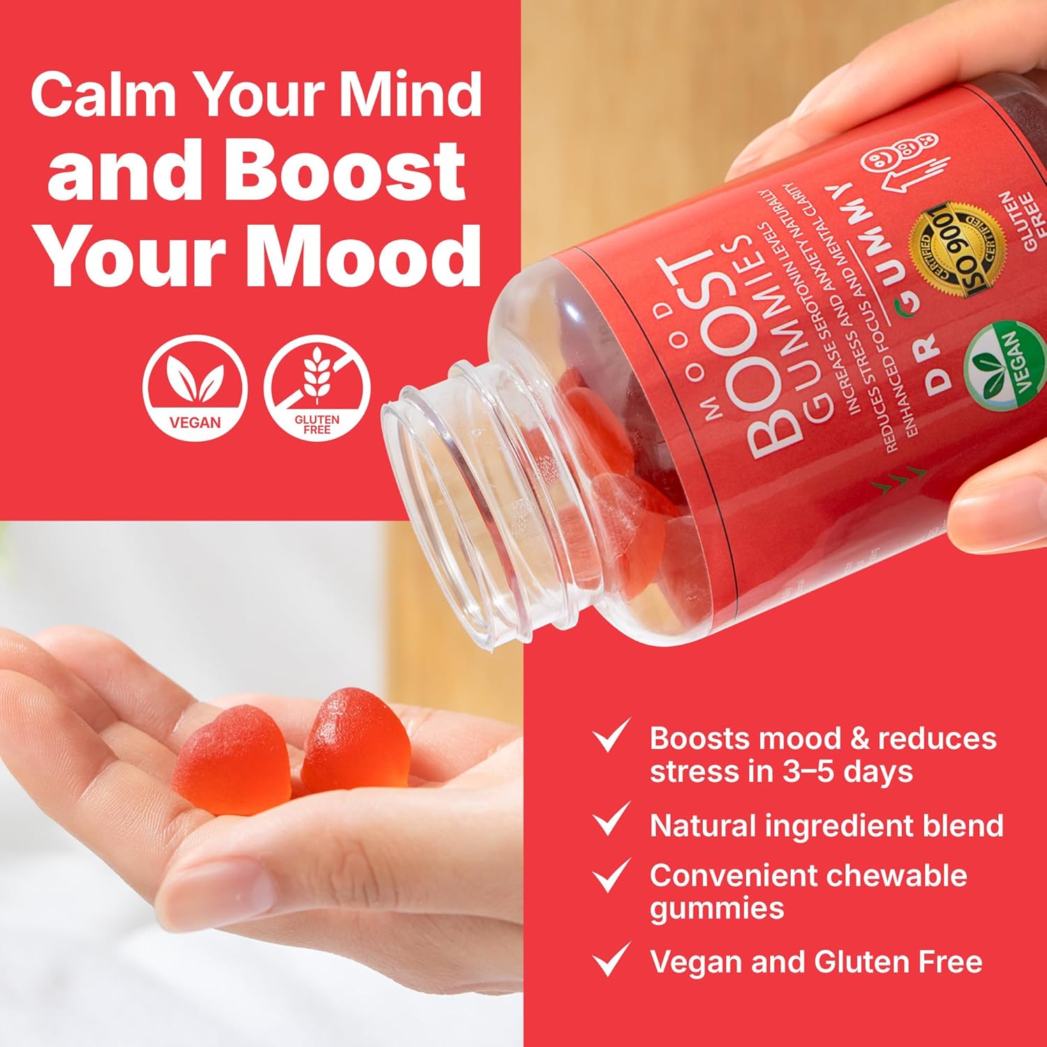 Mood Boost Gummies with 5-HTP, Ashwagandha, Magnesium Glycinate & L-Theanine – 60 Count – Stress Relief & Calm Chewables for Adults – Natural Mood Support Supplement for Relaxation Balance