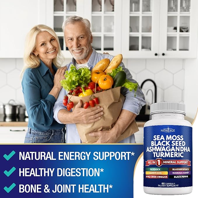 NEW AGE Sea Moss Capsules, Black Seed Oil Ashwagandha Turmeric Bladderwrack Burdock - with Manuka, Honey Dandelion, ACV Black Pepper Gluten Free