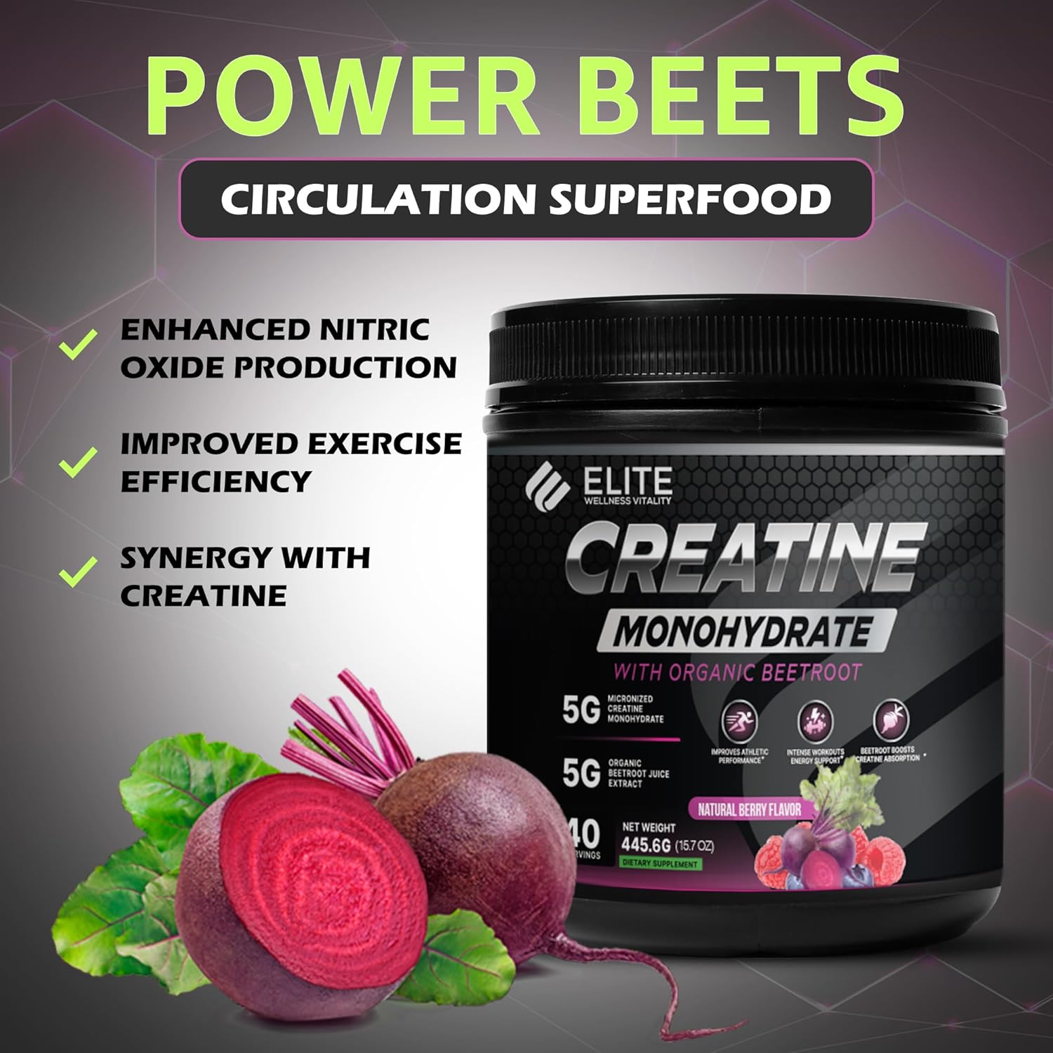 Elite Wellness Berry Flavor Creatine Monohydrate with Organic Beetroot Supplement - Supports Muscle Strength, Stamina, Cognitive Function & Athletic Performance, Gluten & Dairy Free, NSF Qualified