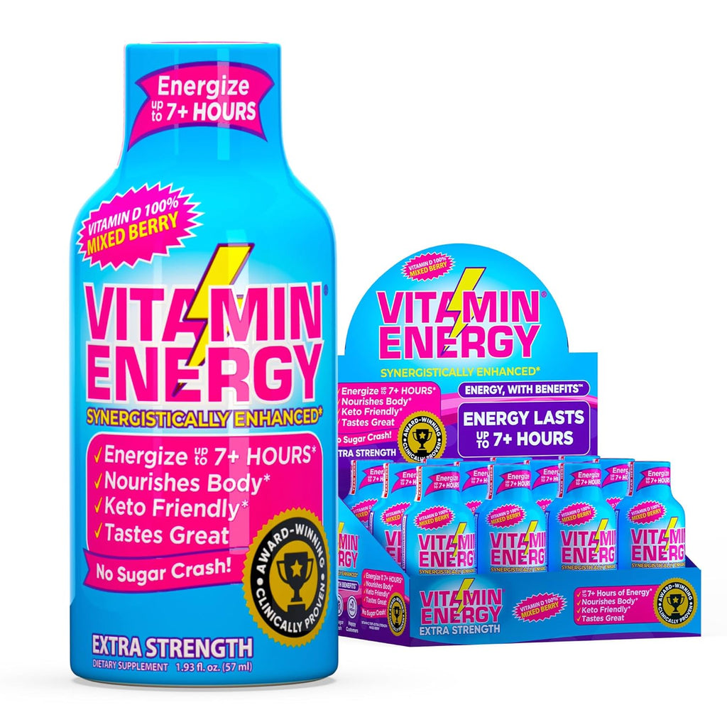 Vitamin Energy Vitamin D Extra Strength Energy Shot Mixed Berry 12 Pack, 260mg Natural Caffeine, B-Complex, Vitamin D, Wellness Support, Keto, Zero Sugar, Gluten-Free Vegan Kosher, 1.93 fl oz