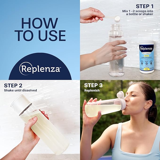 Replenza Daily Replenisher GLP-1 Nutritional Support, Powder, Muscle Recovery, Digestive Health & Skin Elasticity Mix of Amino Acids, Prebiotics and Collagen Peptides – Lemon Flavored, 30 Scoops