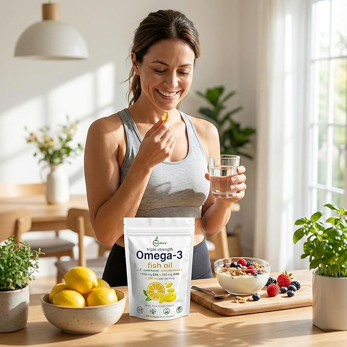 Triple Strength Omega-3 Fish Oil – 4200 mg Per Serving with 1300 mg EPA + 850 mg DHA – Lemon Flavor Burpless Formula – Wild-Caught, Non-GMO, Gluten-Free – 300 Softgels