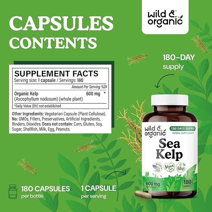 Wild & Organic Sea Kelp Capsules 600 mg - Immune & Overall Support - Sea Kelp Iodine Supplement for Men & Women - Ocean Seaweed Supplement - Vegan, No Fillers, Non-GMO - 180 Count