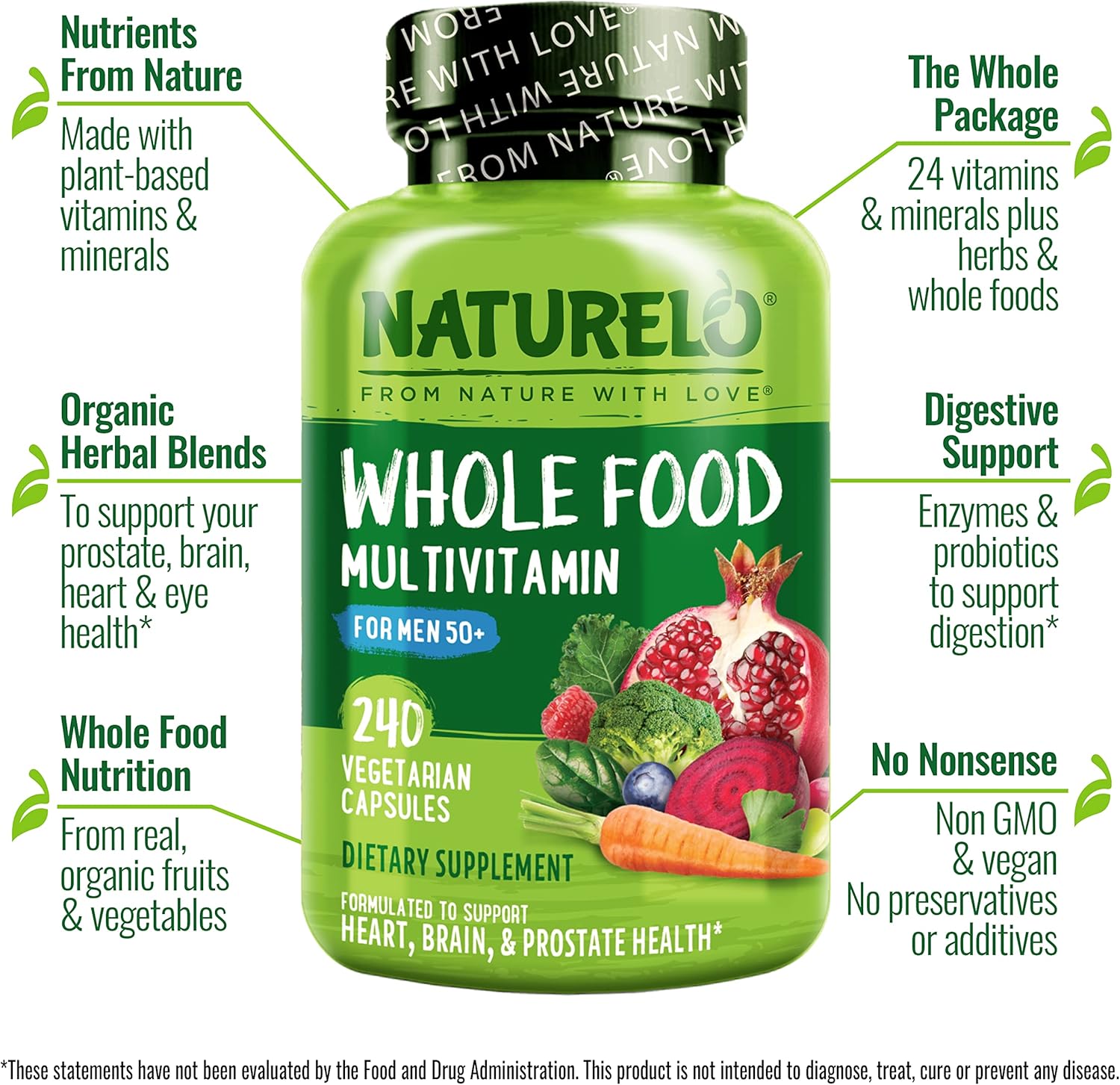 NATURELO Whole Food Multivitamin for Men 50+ - with Vitamins, Minerals, Organic Herbal Extracts - Vegan Vegetarian - for Energy, Brain, Heart and Eye Health - 240 Capsules