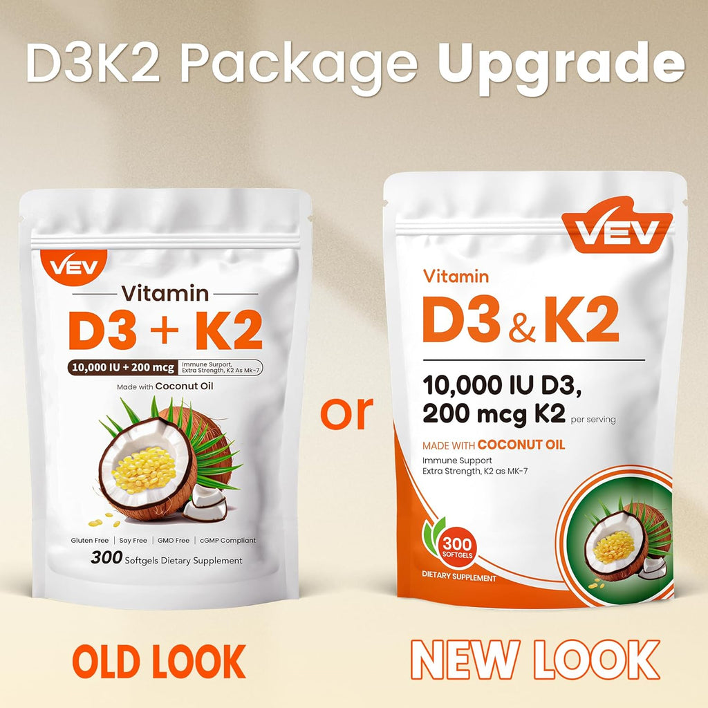 VEV Vitamin D3 K2 10000 IU, 300 Coconut Oil Softgels, Corefeel 2 in 1 Vitamins Supplement D & K (Include MK7), Easy to Swallow, Supports Calcium Absorption, Bone Healthh