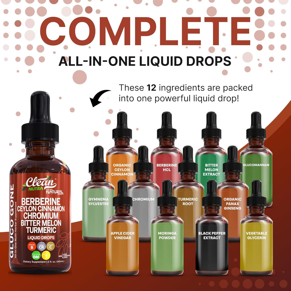 Clean Nutra Berberine with Ceylon Cinnamon Supplement Liquid Drops + Bitter Melon Extract, Glucomannan, Gymnema, Chromium, Turmeric, Organic Panax Ginseng, Moringa GLP-1 Support