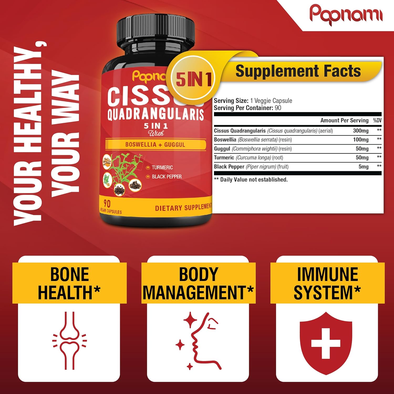Super Cissus Quadrangularis Extract Capsules with Boswellia, Guggul, Turmeric, Pepper | 3 Months Supply