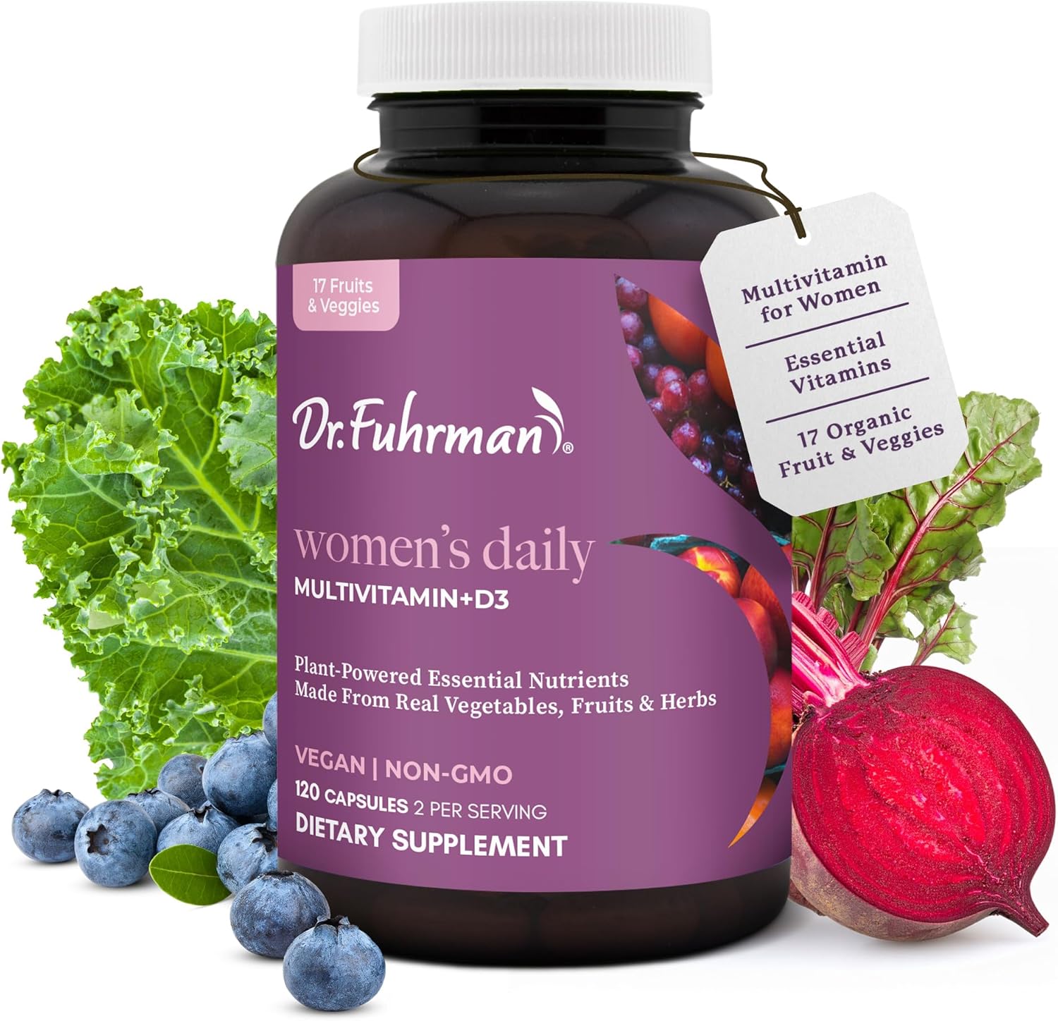 Dr. Fuhrman 2 Month Supply Multivitamin for Women + D3 Vitamin for Immune Support | Vegan Formula Womens Multivitamin with B12 & Zinc | Whole Food multivitamin with 17 Fruits & Veggies | Non GMO