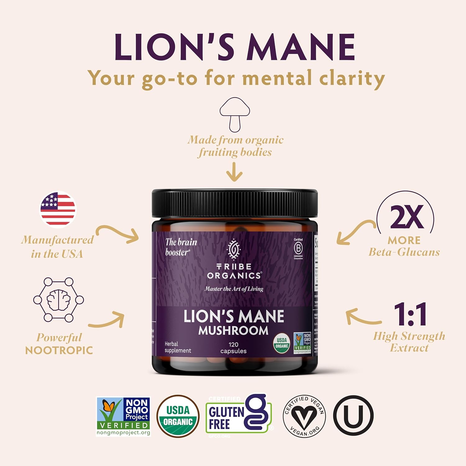 TRIBE ORGANICS Lion’s Mane Supplement 1000mg Mushroom Extract Powder - Immune System Booster & Brain Nootropic for Focus and Memory | Mental Clarity | Natural Energy and Immunity - 120 Vegan Capsules
