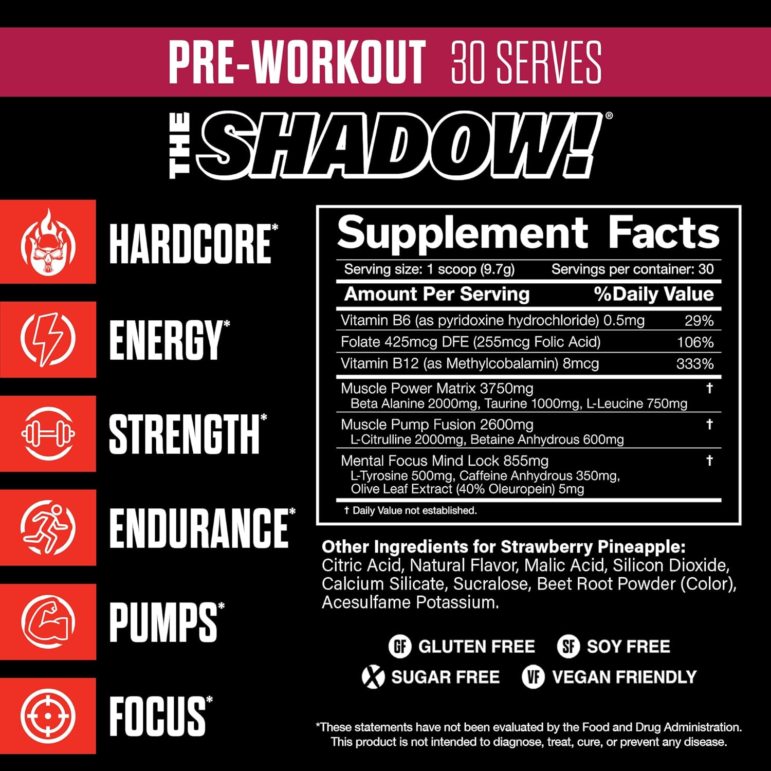 JNX SPORTS The Shadow! 350mg of Caffeine Hard Core Preworkout - Strawberry Pineapple 30 Servings | Electric Energy, Mental Focus & Superhuman Strength for Men & Women