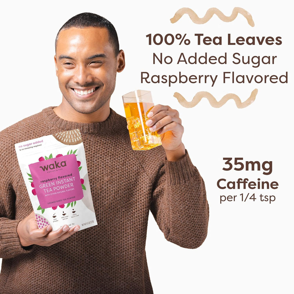Waka Instant Green Tea Mix, Raspberry Flavored - 100% Tea Leaves, No Additives, Unsweetened Tea Powder in Bulk Pouch – Easy Quick Hot and Iced Teas, Up to 200 Cups (4.5oz)
