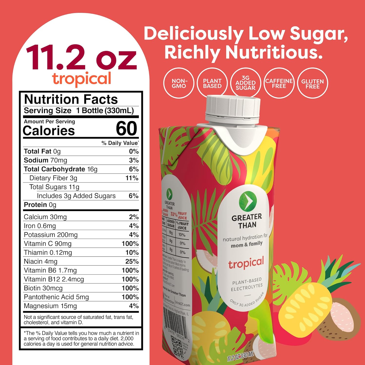 Greater Than Nutrient Hydration Beverage, Electrolyte Drink for Gut Health & Energy with Coconut Water, Vitamins, Gluten Free, Plant Based, Low Sugar, Tropical, 24 Pack