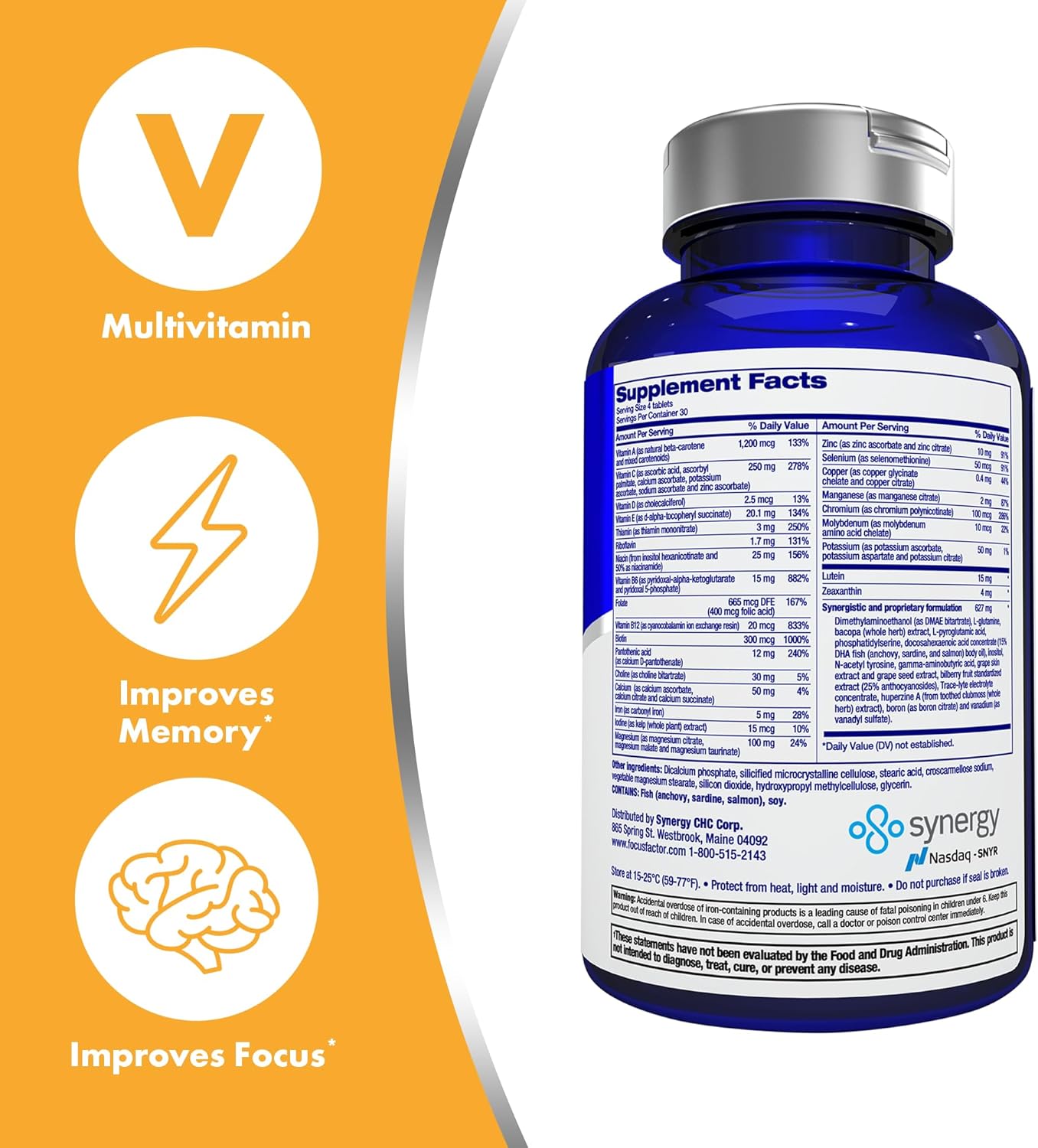 Focus Factor Adults Brain and Vision Supplement, 120 Count- Eye Vitamin, Mineral Supplement, Complete Multivitamin with Lutein & Zeaxanthin – Brain Supplement for Focus, Concentration, Memory (3 Pk)
