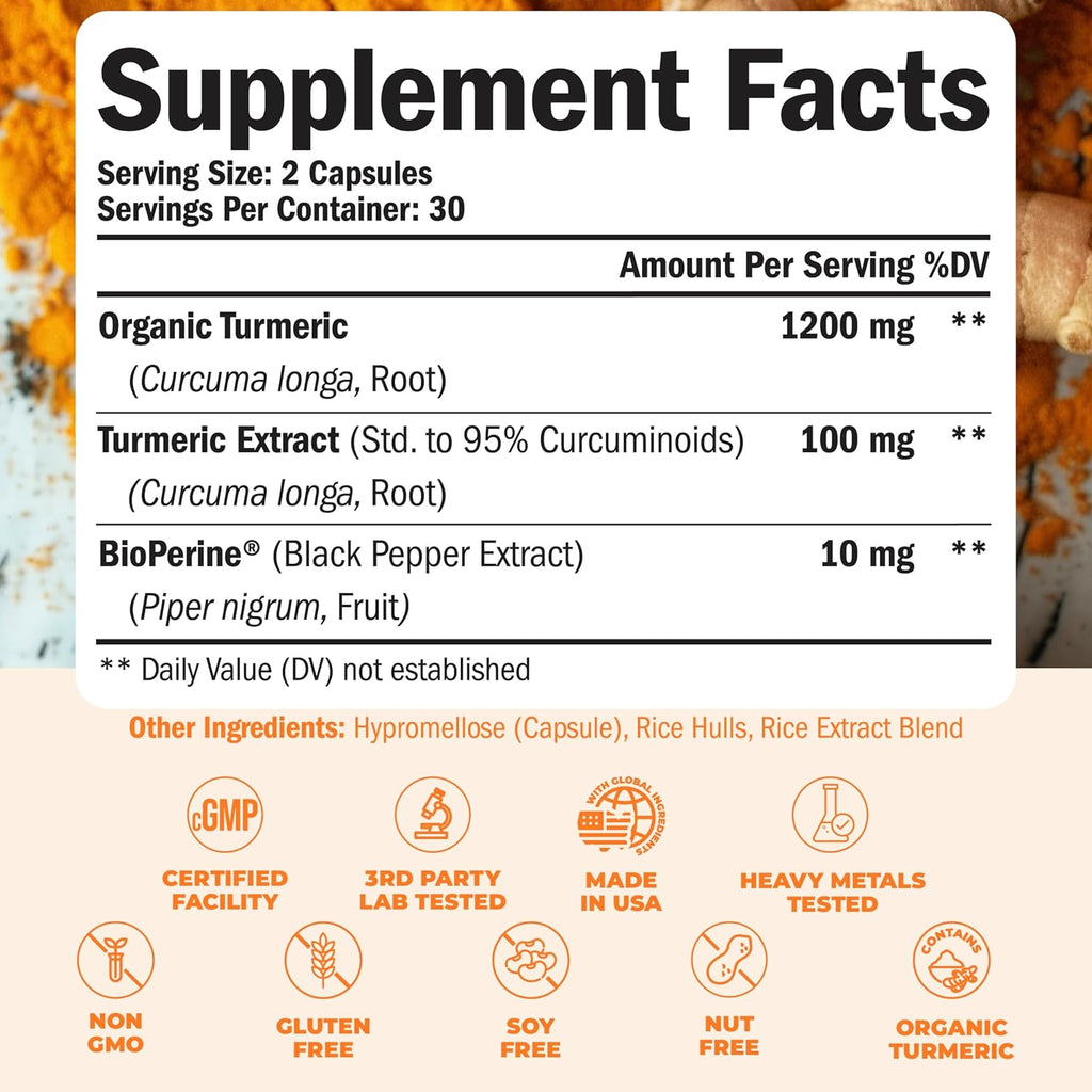 Turmeric Supplement - High Potency Turmeric Curcumin Supplement with 1200 mg Organic Tumeric and 95% Curcuminoids. Curcumin Supplements with Black Pepper for Immune & Joint Health. 60 Capsules 2 Pack