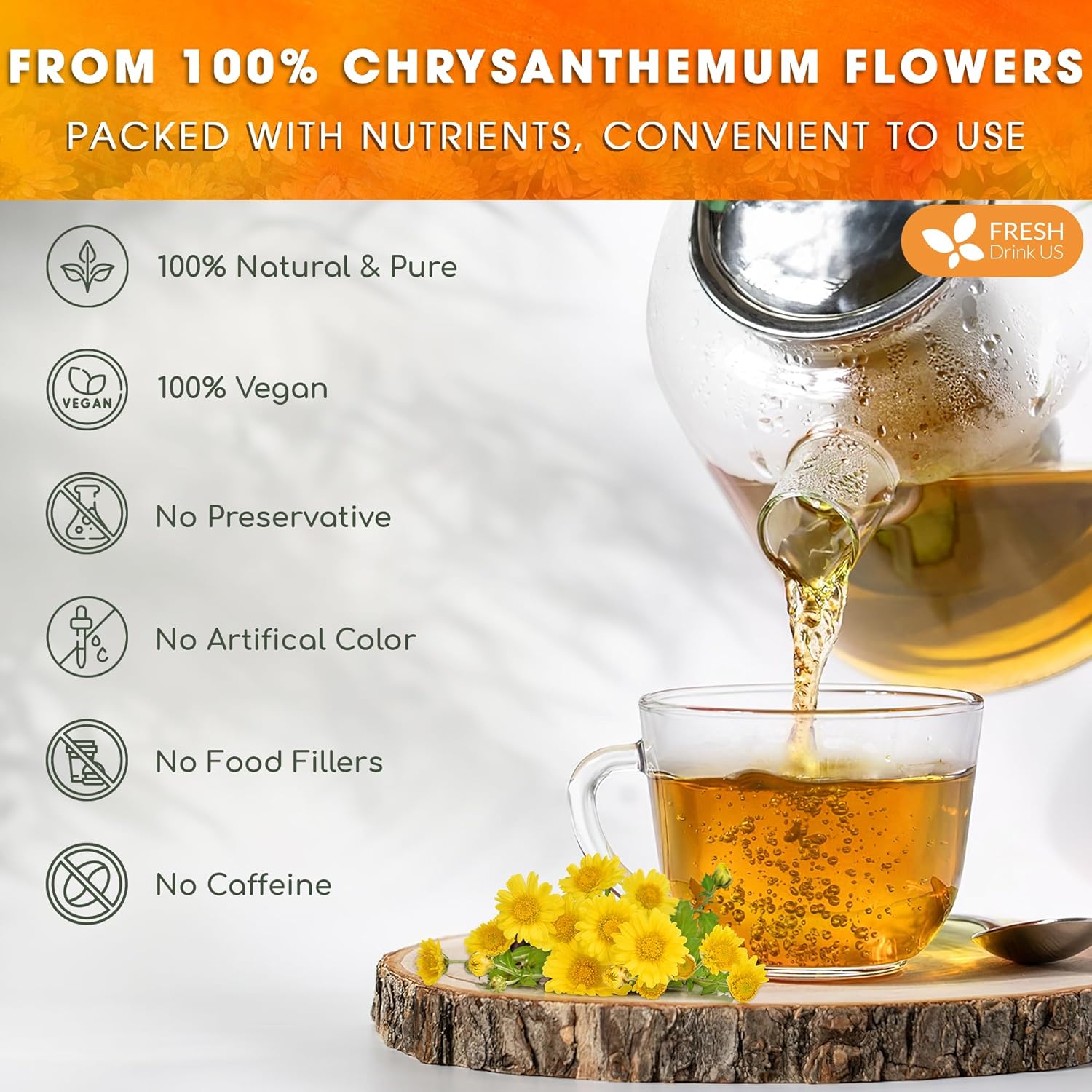 FreshDrinkUS, Premium 5oz Chrysanthemum Flowers, 100% Natural & Pure Chrysanthemum Flower Dried, Chrysanthemum Herbal Tea, No Additives, No Caffeine, Vegan