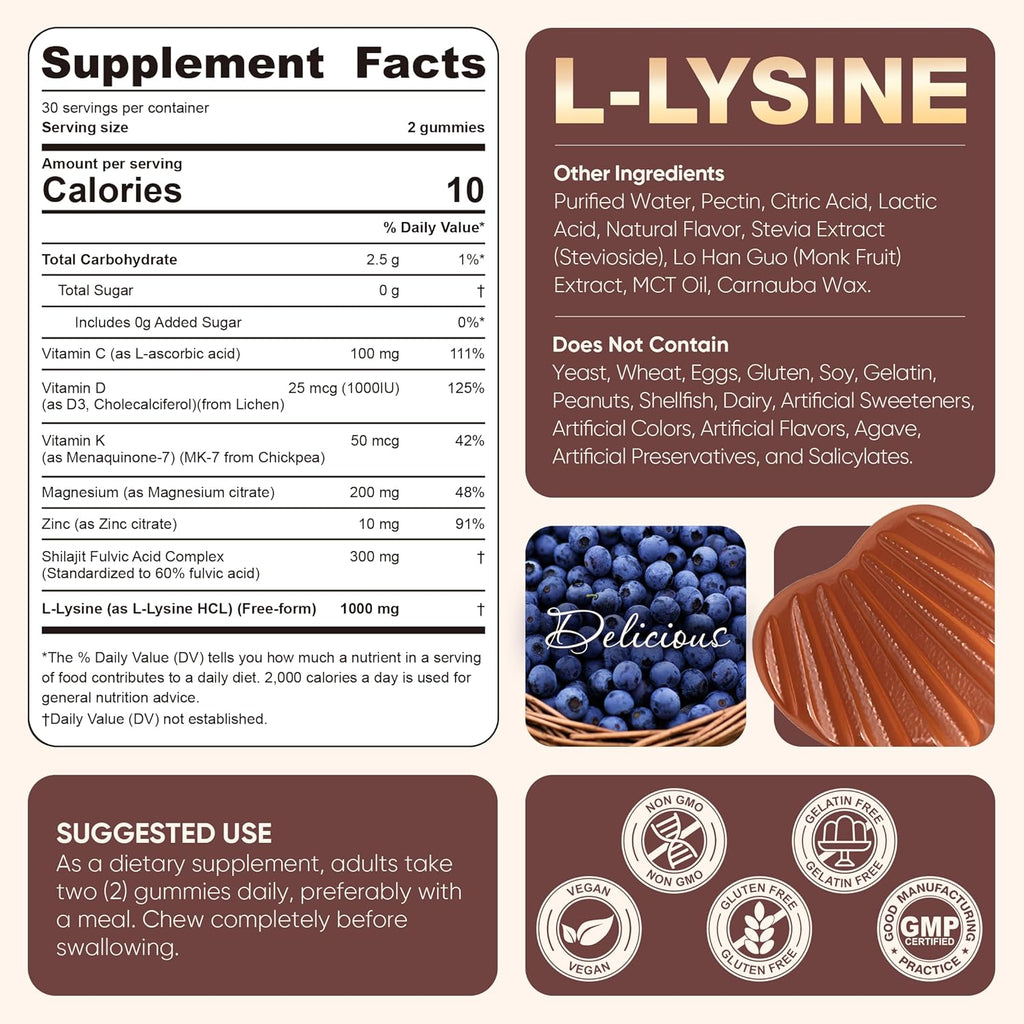 L-Lysine 1000mg Gummies - Essential Amino Acids - Immune, Lip, Calcium Absorption & Collagen Support* - Chewable Lysine Cold Sore Supplement with Vitamins C, D3K2 & Magnesium - Sugar Free, 120Cts