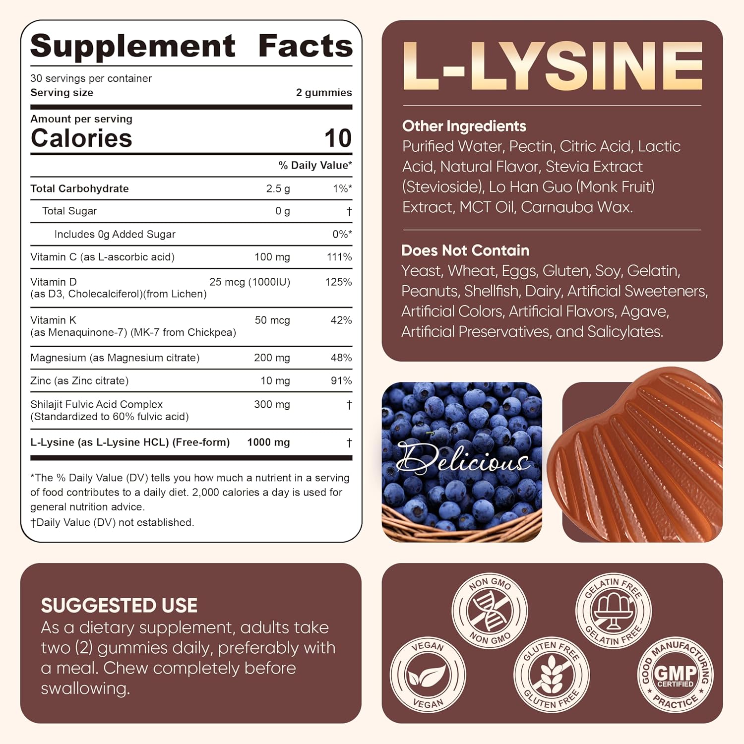 L-Lysine 1000mg Gummies - Essential Amino Acids - Immune, Lip, Calcium Absorption & Collagen Support* - Chewable Lysine Cold Sore Supplement with Vitamins C, D3K2 & Magnesium - Sugar Free, 120Cts