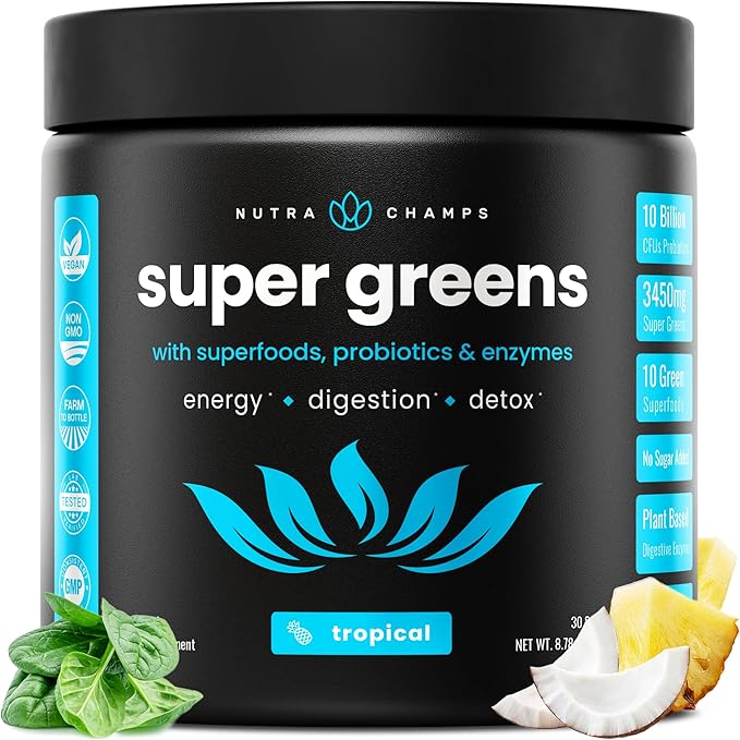 NutraChamps Super Greens Powder Premium Superfood | 20+ Organic Green Veggie Whole Foods | Alfalfa, Spirulina, Chlorella & More | Antioxidant, Digestive Enzyme & Probiotic Blends | Tropical | 60 SVG