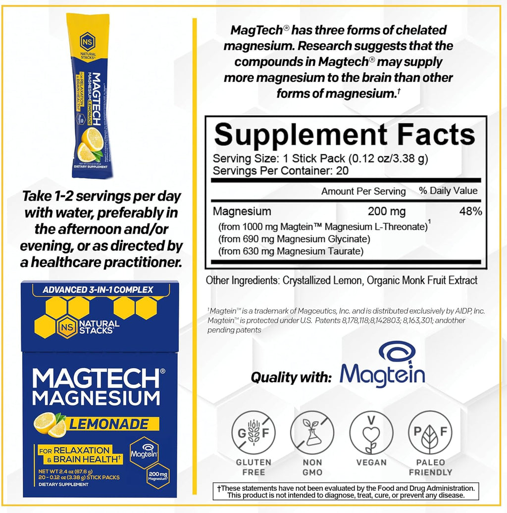 NATURAL STACKS Magtech Magnesium Drink Mix + APIGENIN+ Supplement Bundle - Supports Relaxation, Brain Health & Sleep* - 80 Servings