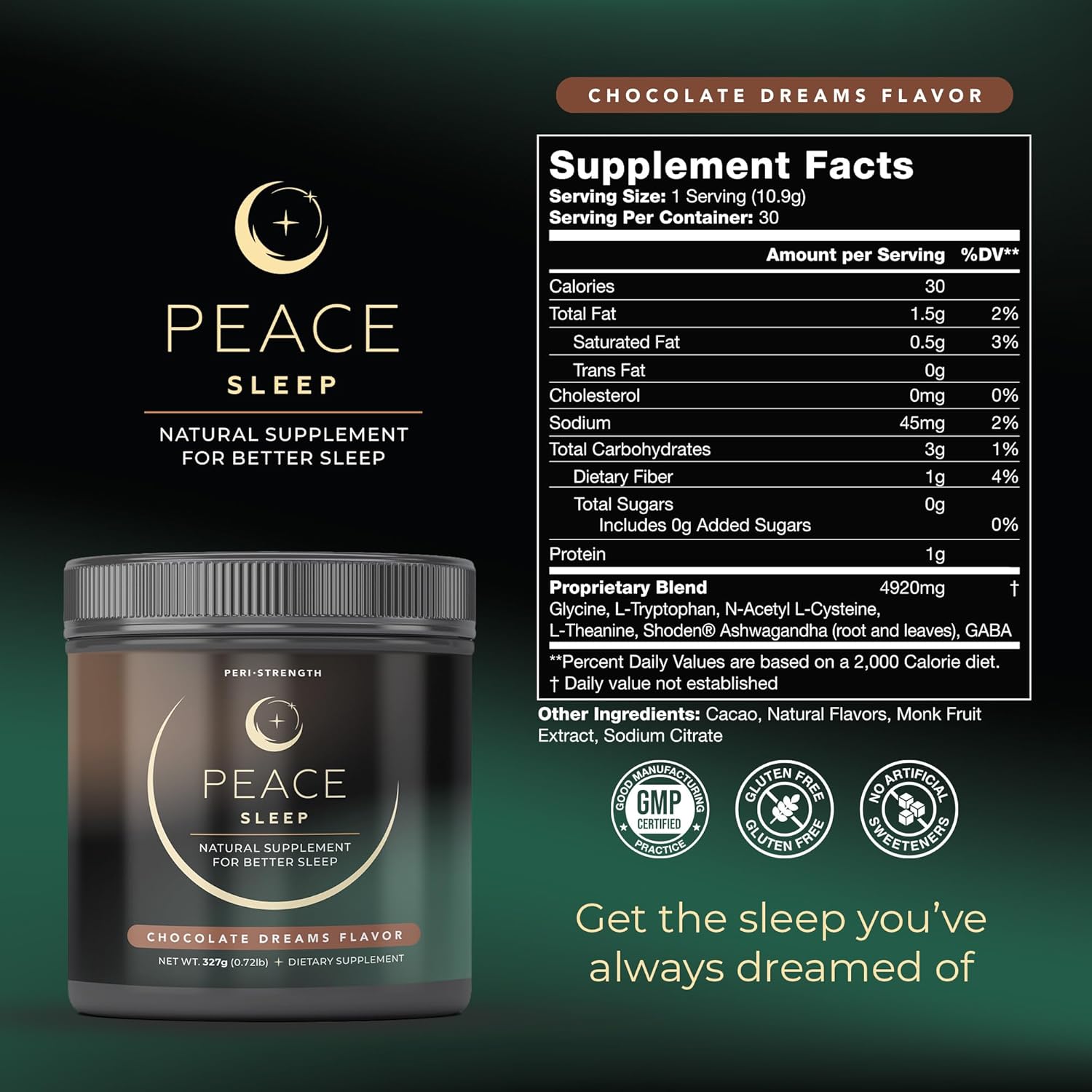 Peace Sleep - Sleep and Recovery Chocolate Powder Drink Mix - Sleep Aid Supplement with GABA, L-Tryptophan, L-Theanine, Glycine - for Tranquil Sleep, Restful Nights, Productive Days - Gluten Free