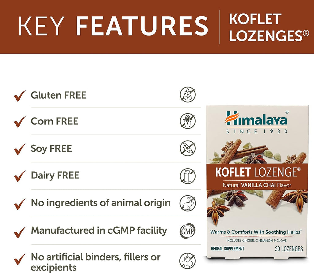Himalaya Koflet Lozenges, Vanilla Chai Flavor, Natural Herbal Cough Drop for Warming Relief and Soothing Comfort, 130 mg, 20 Lozenges,3 Pack