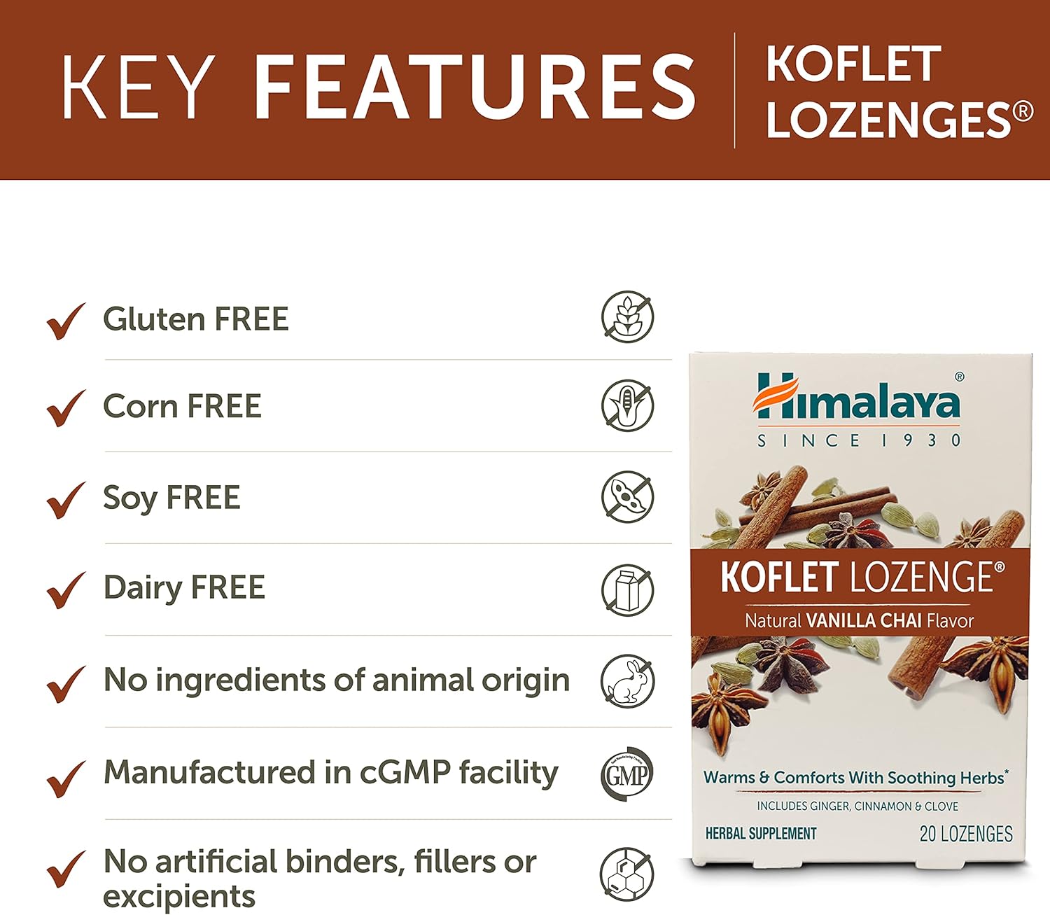 Himalaya Koflet Lozenges, Vanilla Chai Flavor, Natural Herbal Cough Drop for Warming Relief and Soothing Comfort, 130 mg, 20 Lozenges,3 Pack