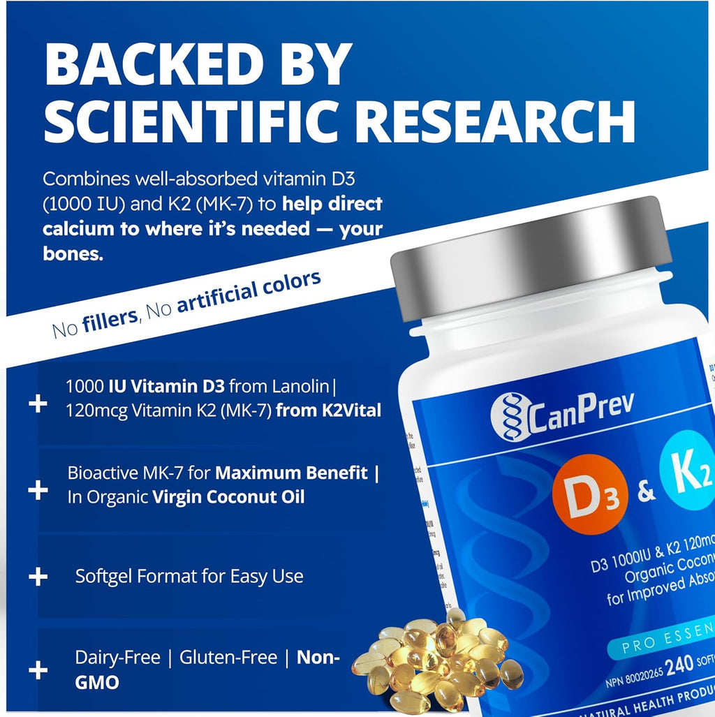 CanPrev D3 & K2 Vitamins 240 Softgels, 240-Day Supply, 1000IU Vitamin D3 & 120mcg K2, Supports Strong Bones, Teeth & Heart Wellness, Easy-to-Absorb with Organic Coconut Oil, No GMO, Gluten, Soy, Dairy