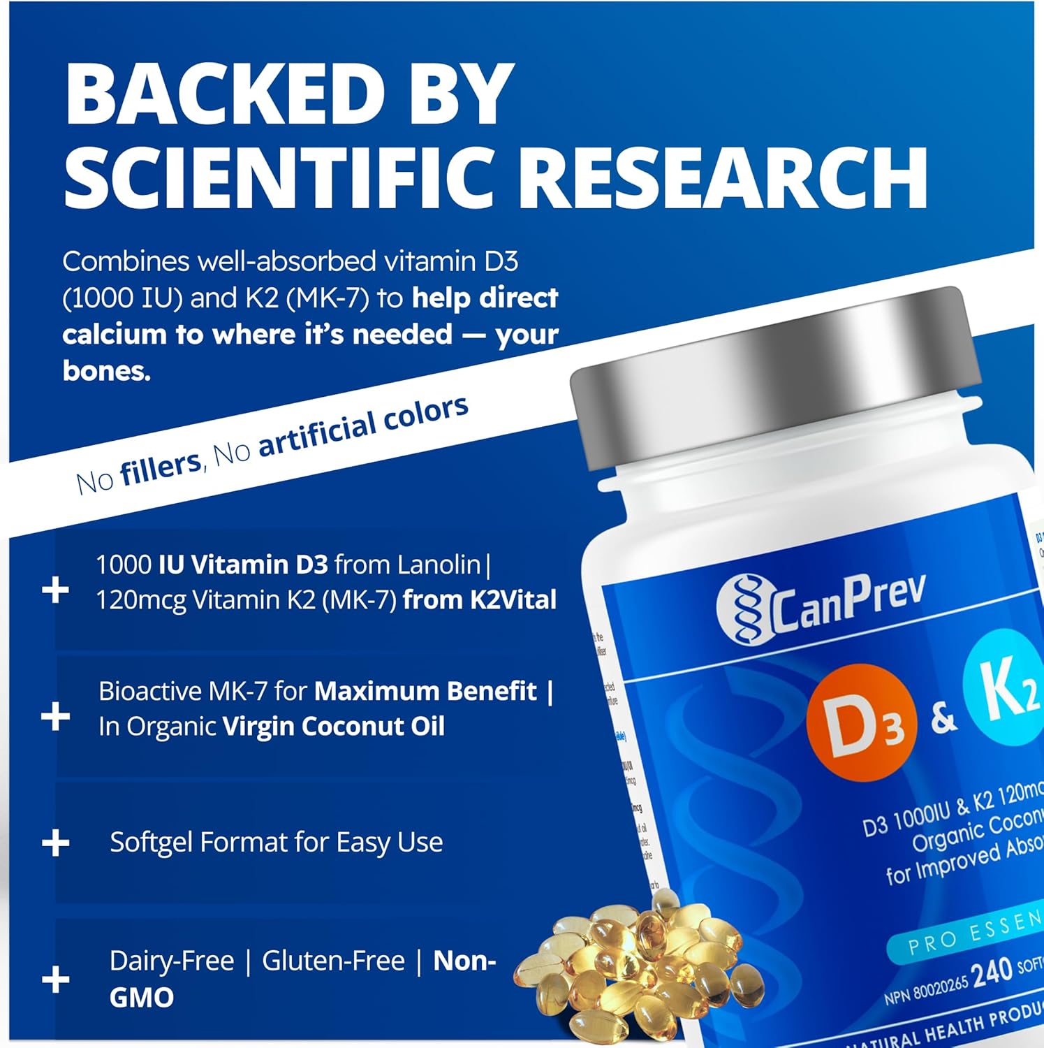 CanPrev D3 & K2 Vitamins 240 Softgels, 240-Day Supply, 1000IU Vitamin D3 & 120mcg K2, Supports Strong Bones, Teeth & Heart Wellness, Easy-to-Absorb with Organic Coconut Oil, No GMO, Gluten, Soy, Dairy