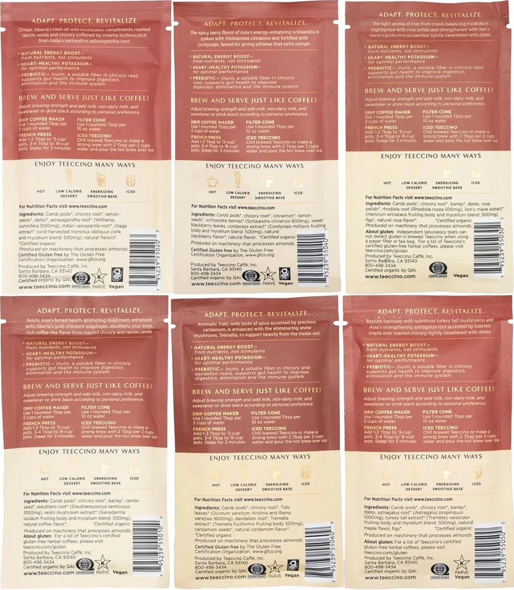 Teeccino Mushroom Adaptogen Herbal Coffee Sampler - 6 Trial-Size Packets - Chaga Ashwaganda, Reishi Eleuthero, Tremella Tulsi, Cordyceps Schisandra, Turkey Tail Astragalus, Lion’s Mane Rhodiola