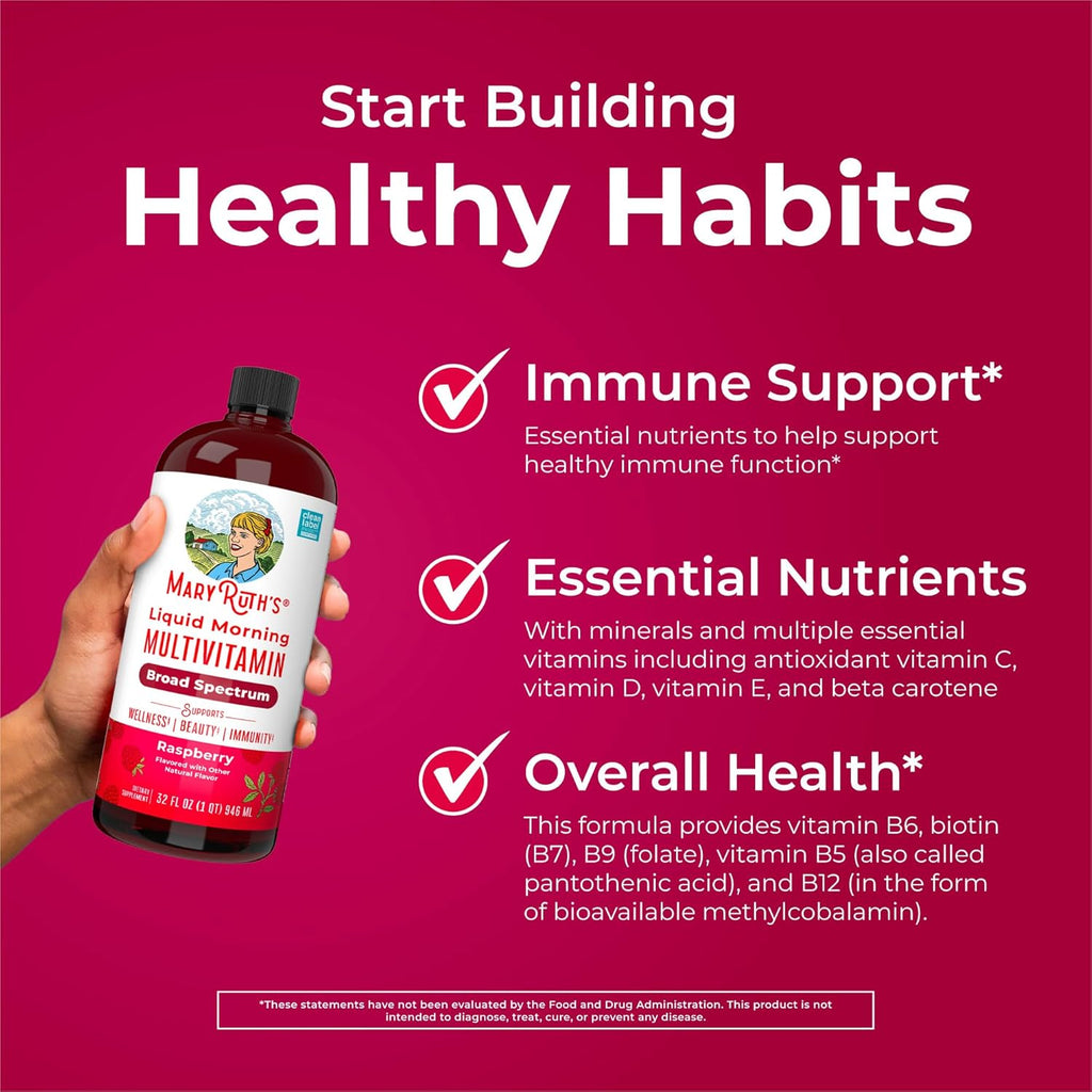 MaryRuth Organics Liquid Morning Multivitamin for Women, Men & Kids | Vitamin A C D E B6 B12 Biotin Zinc | Beauty | Vegan | Non-GMO | Gluten Free | 32 Servings