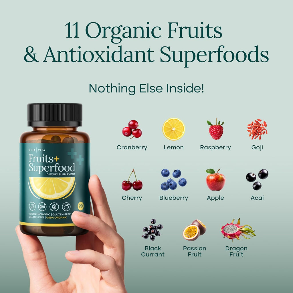 100% Organic Fruits and Veggies Supplement (USDA Organic - Made in USA) 180 Potent Fruits and Vegetable Capsules for Energy Boost & Daily Fruit and Vegetable Vitamins - Vegan, Non-GMO, Gluten-Free