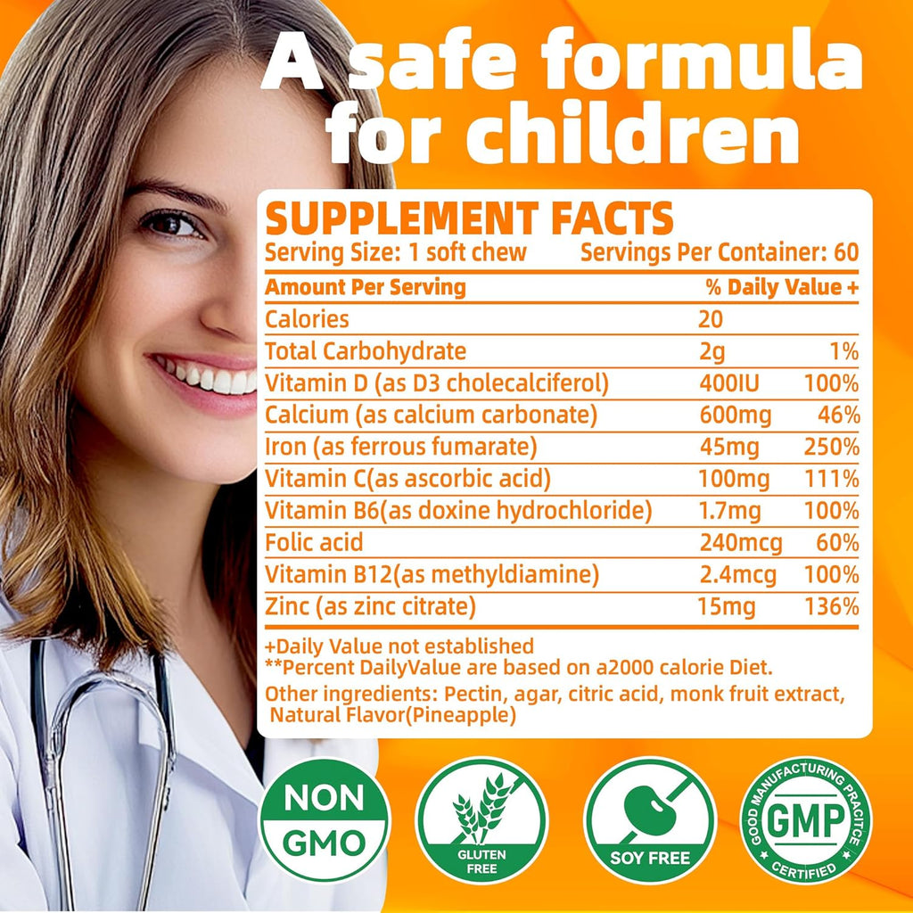 Iron Soft Chew Supplement with Vitamin C | Orange Flavored | Gluten Free | Iron Supplement for Women Men and Kids | 60 Count | 2 Month Supply