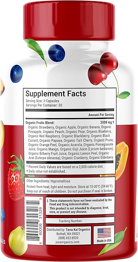 Terra Kai Organics Juce Formula, Organic Super Fruit - Gluten/Gelatin Free, Soy Free & Vegan- Reds Superfood Capsules- 23 Fruits (90 Count)