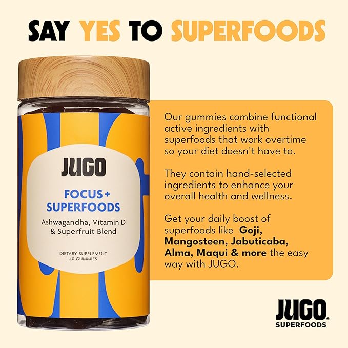 JUGO Focus + SUPERFOODS Ashwagandha Gummies with Vitamin D3 & Superfruit Blend, Vegetarian-Friendly Focus Supplement with Adaptogens, Gelatin-Free and Gluten-Free, Non-GMO, Made in USA, 40 Coun