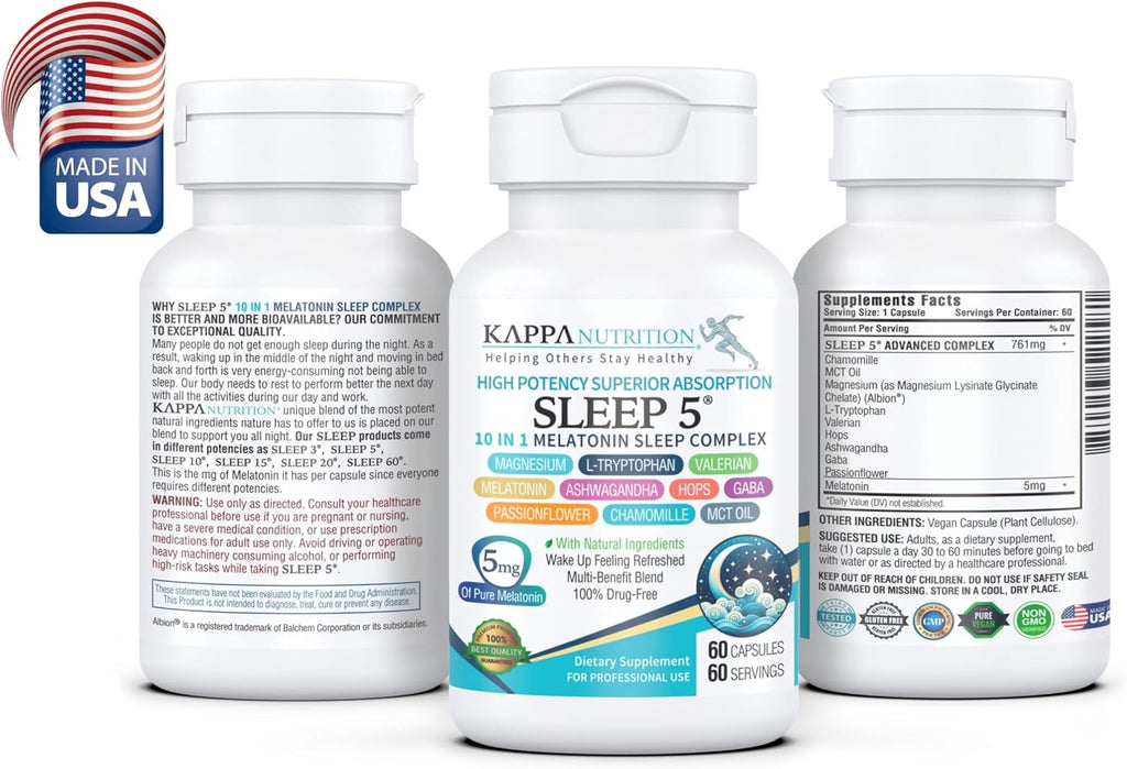 KAPPA NUTRITION Sleep 5, Sleep Aid, 5mg of Melatonin, 60-Day Supply, Non-Habit Forming Vegan Capsules Natural Ingredients for Easier Bedtime, Herbal Supplement, Valerian Root, Chamomile Non-GMO