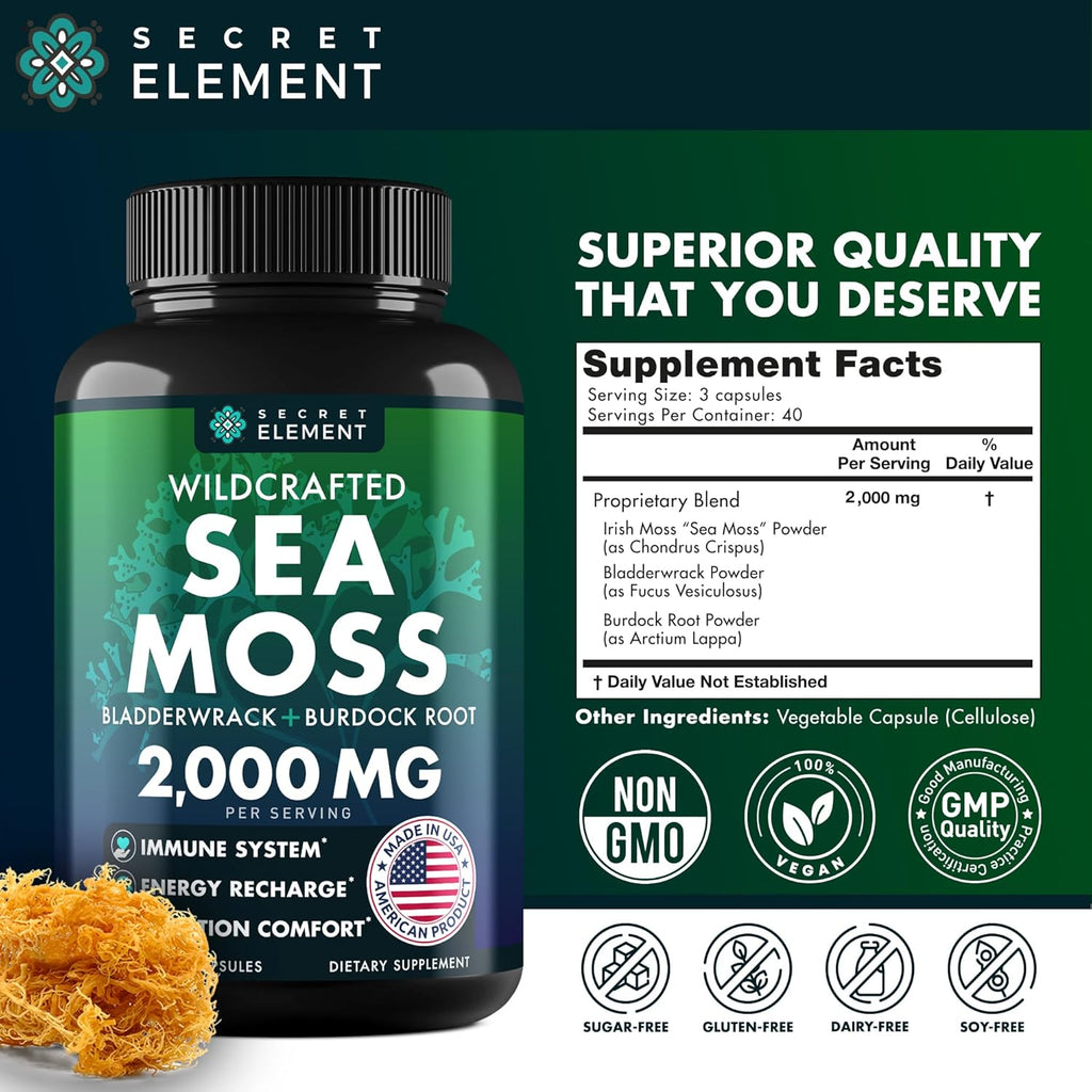 Sea Moss Capsules - Irish Sea Moss Advanced with Burdock Root, Bladderwrack & Muira Puama for Immunity, Gut, & Energy - Superfood Sea Moss Supplements w/Raw Sea Moss Powder - 120 Irish Seamoss Pills