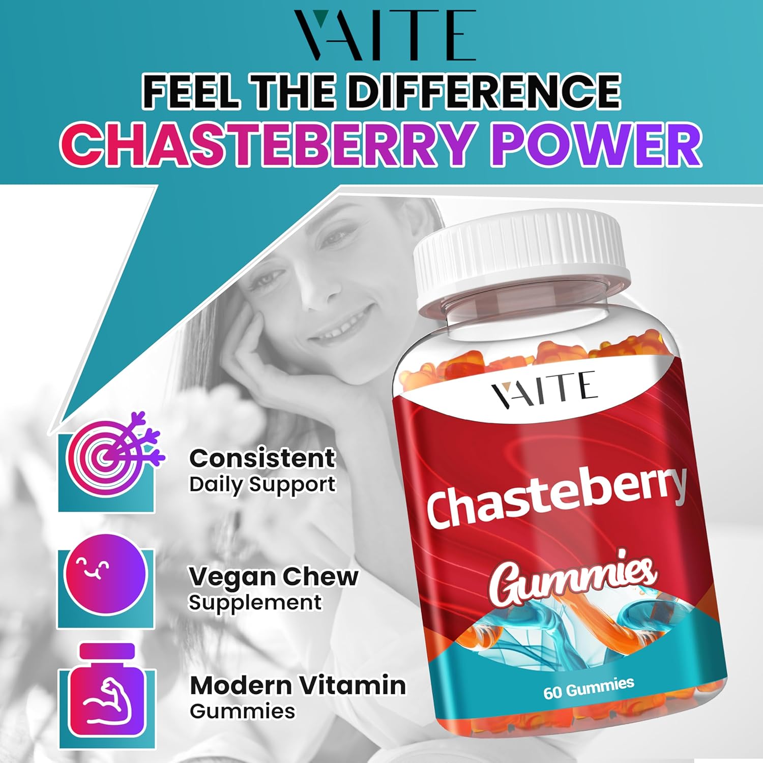 Chasteberry Supplement for Women Gummies - Vegan Chewable Supplements for Balance Women's Hormone Support, Herbal Plant-Based Chews, Gelatin-Free, Non-GMO, Gluten-Free, 60 Vegan Chewables