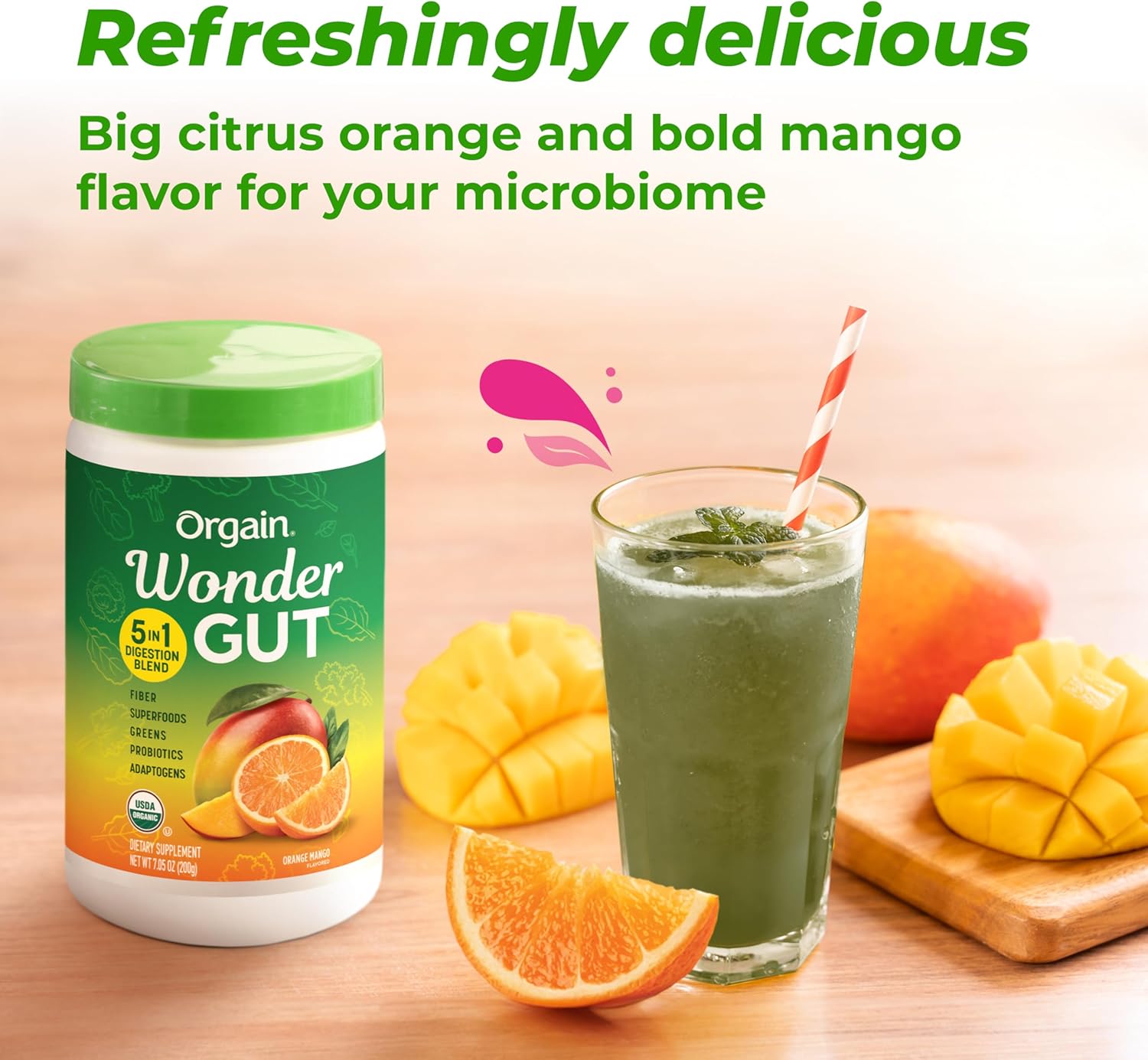 Orgain Organic Wonder Gut Fiber Supplement Powder, 5 in 1 Blend with 1 Billion Probiotics, Greens, Vitamin C, Adaptogens for Gut Health and Immune Support, Non-GMO, Orange Mango, 7.05 oz