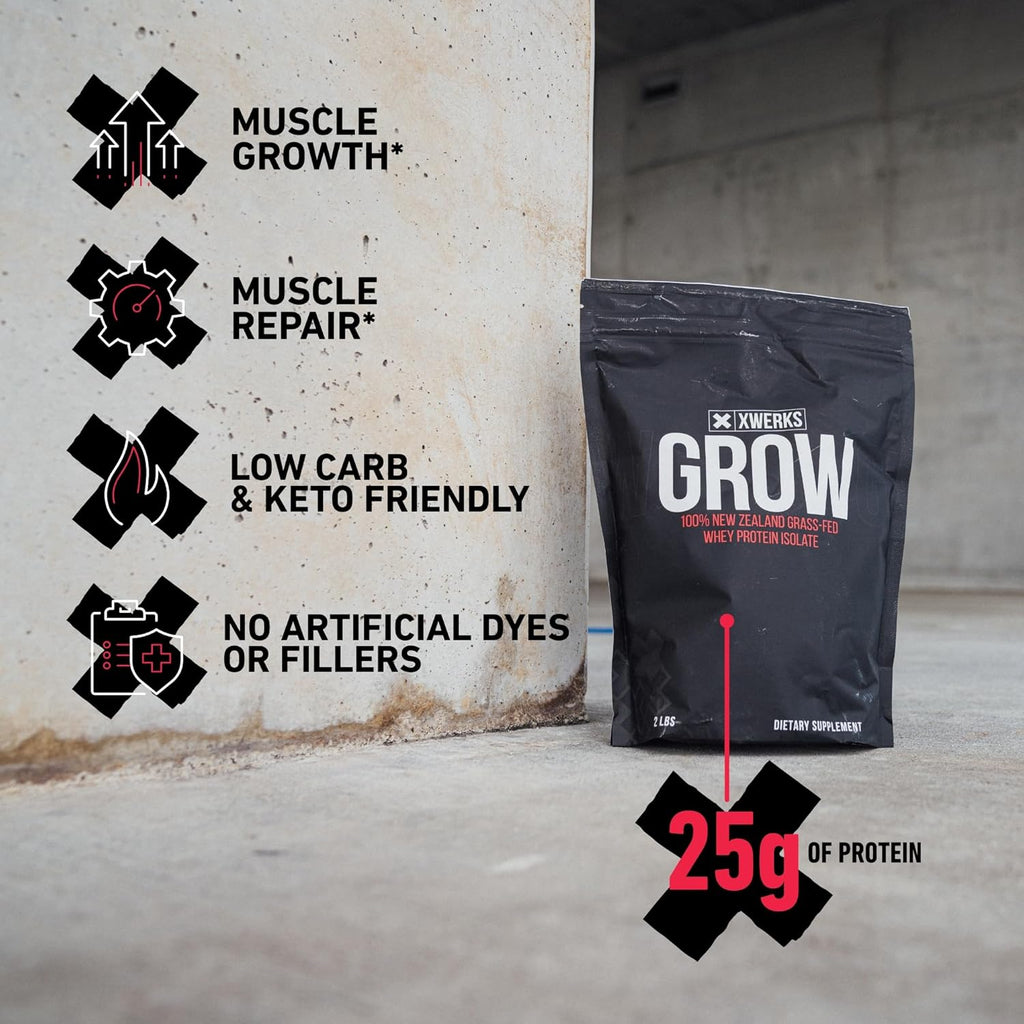 Xwerks Grow 100% New Zealand Grass Fed Whey Protein, 25g Pure Isolate Protein Powder Per Serving, All Natural Paleo and Keto Friendly, Soy Free Gluten Free Easy to Digest, Chocolate, 30 Servings