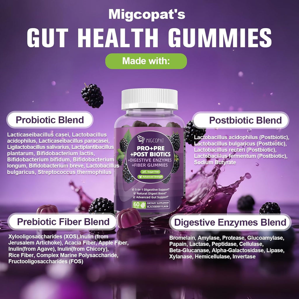 Pre Post Probiotics Gummies, 5 in 1 Probiotic Prebiotic Postbiotic Digestive Enzymes with Fiber, 120 Billion CFU Probiotics for Gut Health, Sugar Free, Vegan, BlackBerry Flavor, 120 Cts