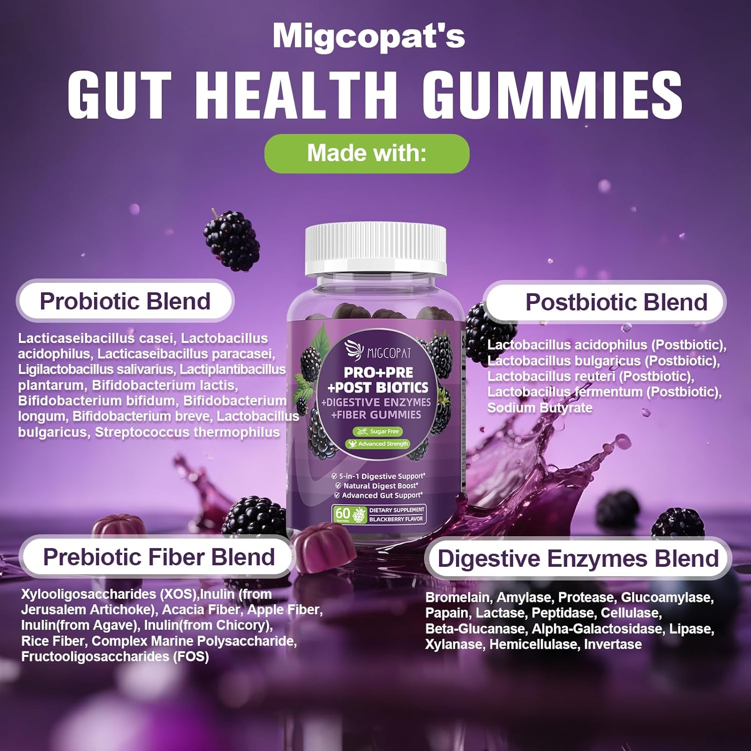 Pre Post Probiotics Gummies, 5 in 1 Probiotic Prebiotic Postbiotic Digestive Enzymes with Fiber, 120 Billion CFU Probiotics for Gut Health, Sugar Free, Vegan, BlackBerry Flavor, 120 Cts