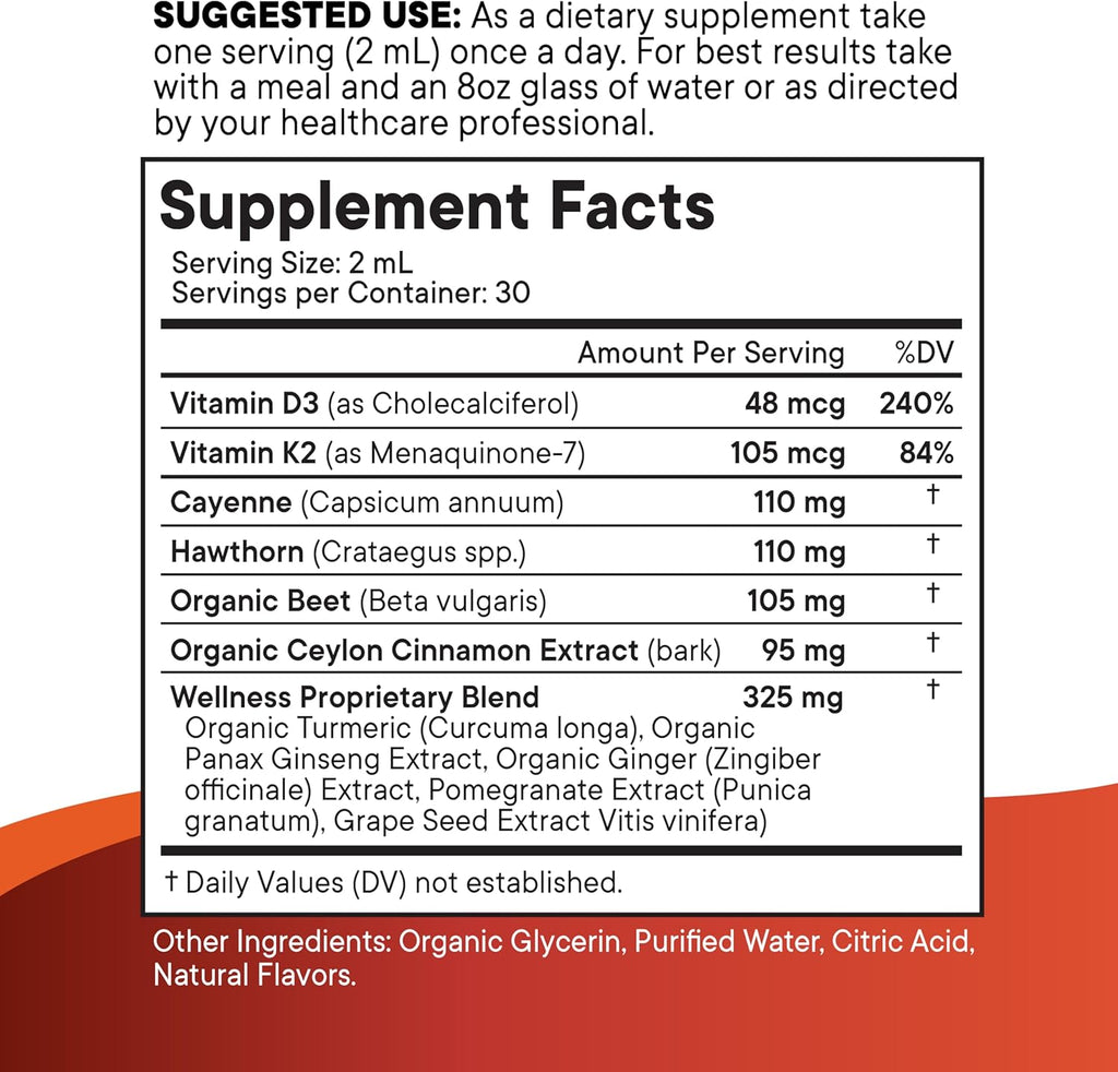 Cayenne Pepper Supplement Liquid Drops + Hawthorn Berry, Vitamin D3 K2 Beet Root Powder, Ceylon Cinnamon, Turmeric Curcumin, Organic Panax Ginseng - 6oz