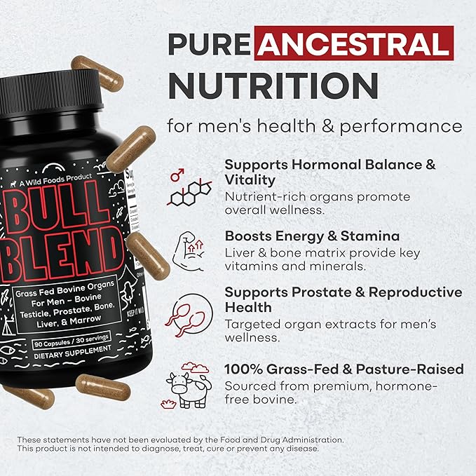 Wild Grass Fed Beef Organ Supplement for Men - Complete Ancestral Nutrition Complex with Beef Liver, Testicle, Prostate & Bone Matrix - Organ Meat Supplements - 30 Day Supply