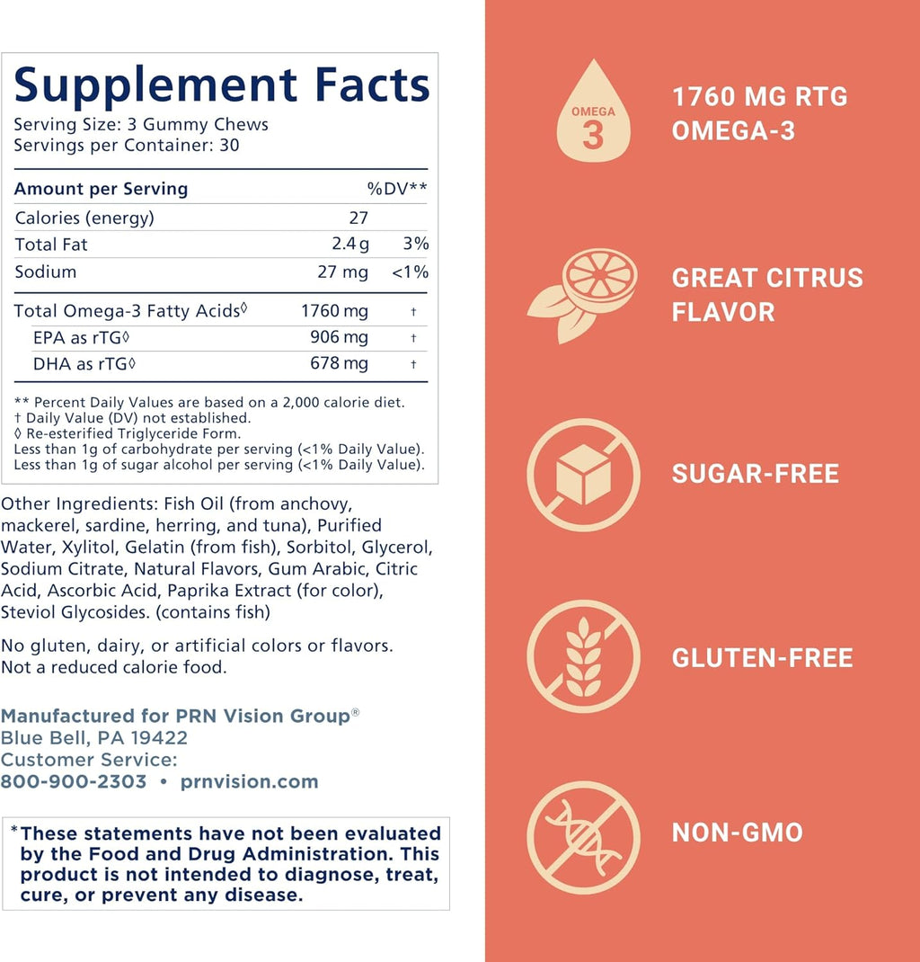 Omega 3 Gummy Chewables - 90 Gel Chews, 30-Day Supply, Citrus Flavor - 1760mg Ultra-Pure rTG Omega 3 for Eye, Heart, Brain, Joint & Immune Health