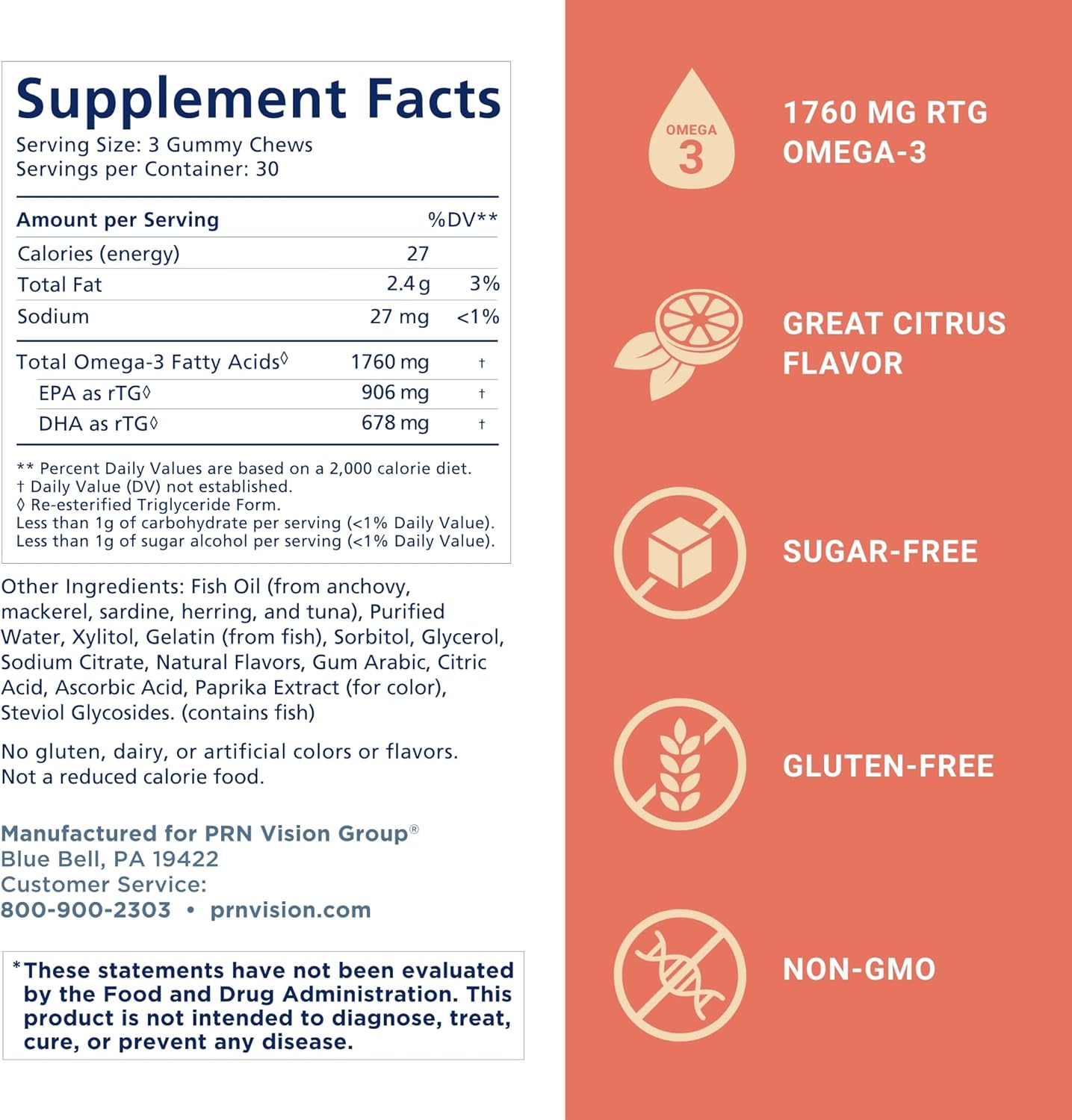 Omega 3 Gummy Chewables - 90 Gel Chews, 30-Day Supply, Citrus Flavor - 1760mg Ultra-Pure rTG Omega 3 for Eye, Heart, Brain, Joint & Immune Health