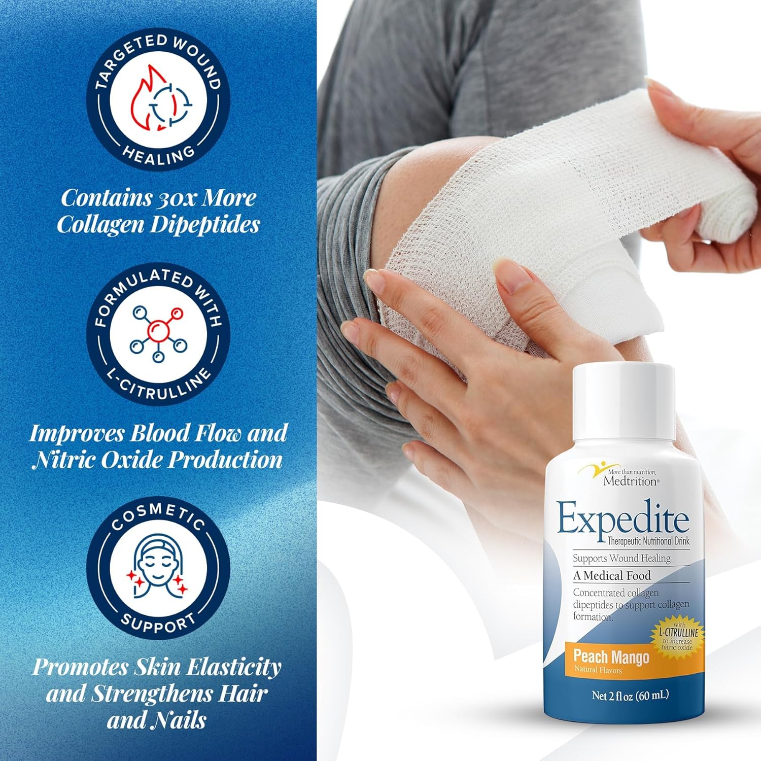 Medtrition Expedite Liquid Collagen - 30x More Collagen Peptides Than Powders, Supports Wound Healing, Surgery Recovery, Diabetic Foot Ulcers, Skin Health and More (Pack of 24 Bottles)