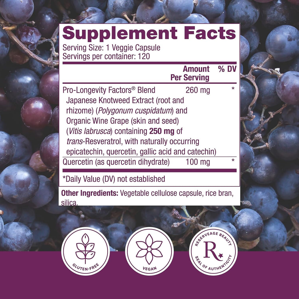 Reserveage Beauty, Resveratrol 250 mg, Antioxidant Supplement for Heart and Cellular Health, Supports Healthy Aging and Immune System, Paleo, Keto, 120 Capsules
