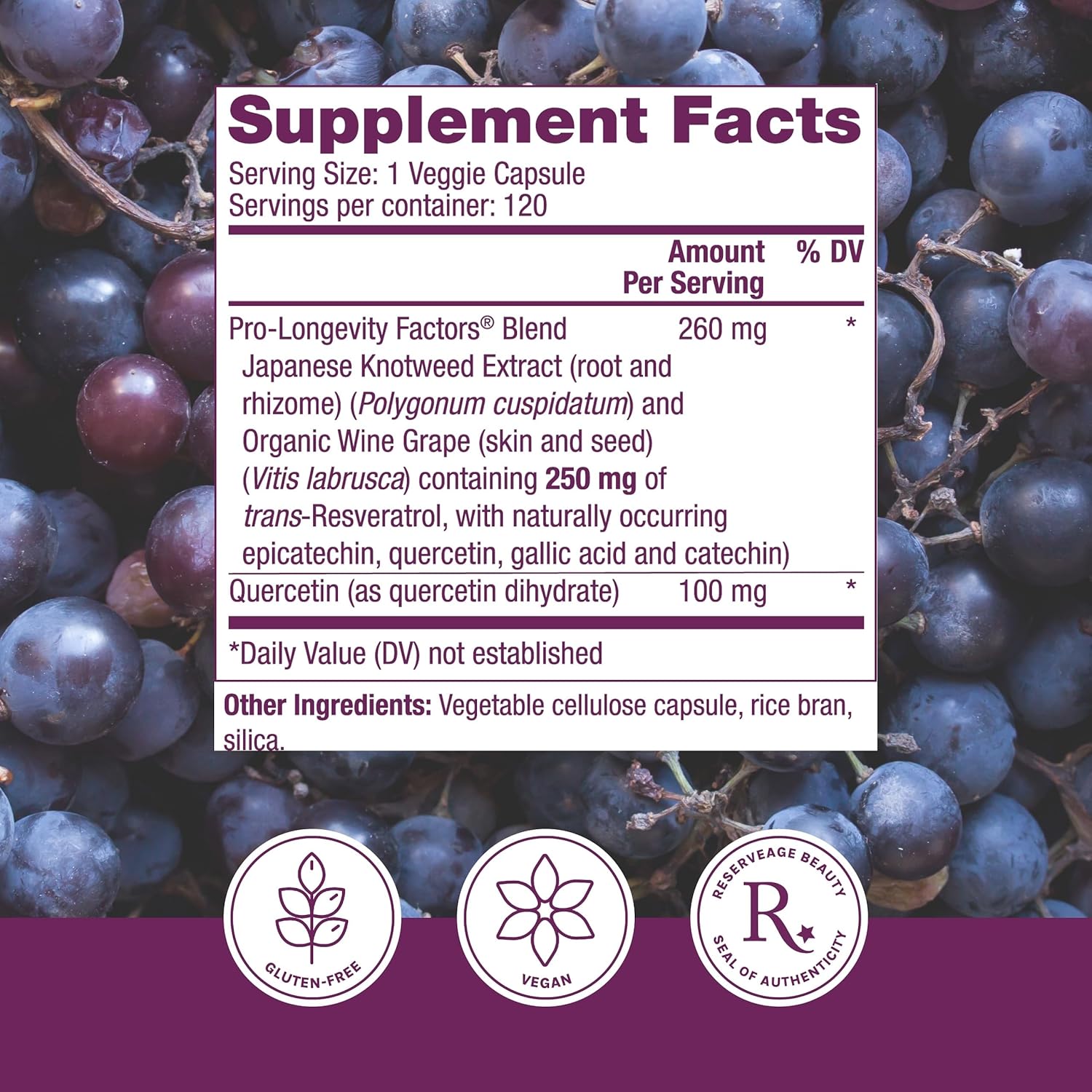 Reserveage Beauty, Resveratrol 250 mg, Antioxidant Supplement for Heart and Cellular Health, Supports Healthy Aging and Immune System, Paleo, Keto, 120 Capsules
