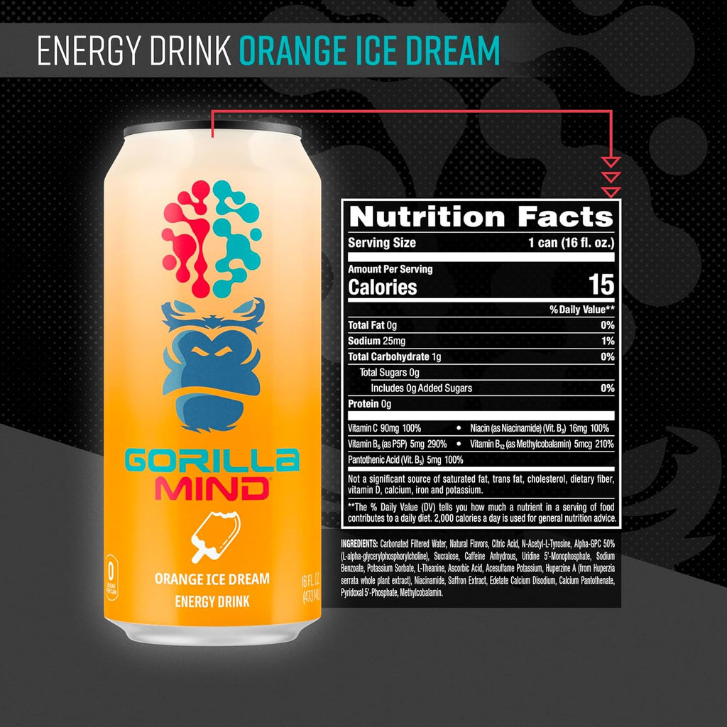 Gorilla Mind Energy Drink | Unmatched Energy · Amplified Focus | N-Acetyl-L-Tyrosine, Alpha-GPC, 200mg Caffeine, Uridine, Saffron | 0 Sugar Or Artificial Colors | 16oz, 12-Pack (Orange Ice Dream)